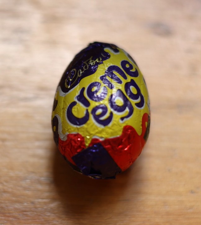 A photo of a small, significant, delicious Easter Egg given to Baldi in April 2026 by a friend. Photo taken by Amonn AL-Mahrouq