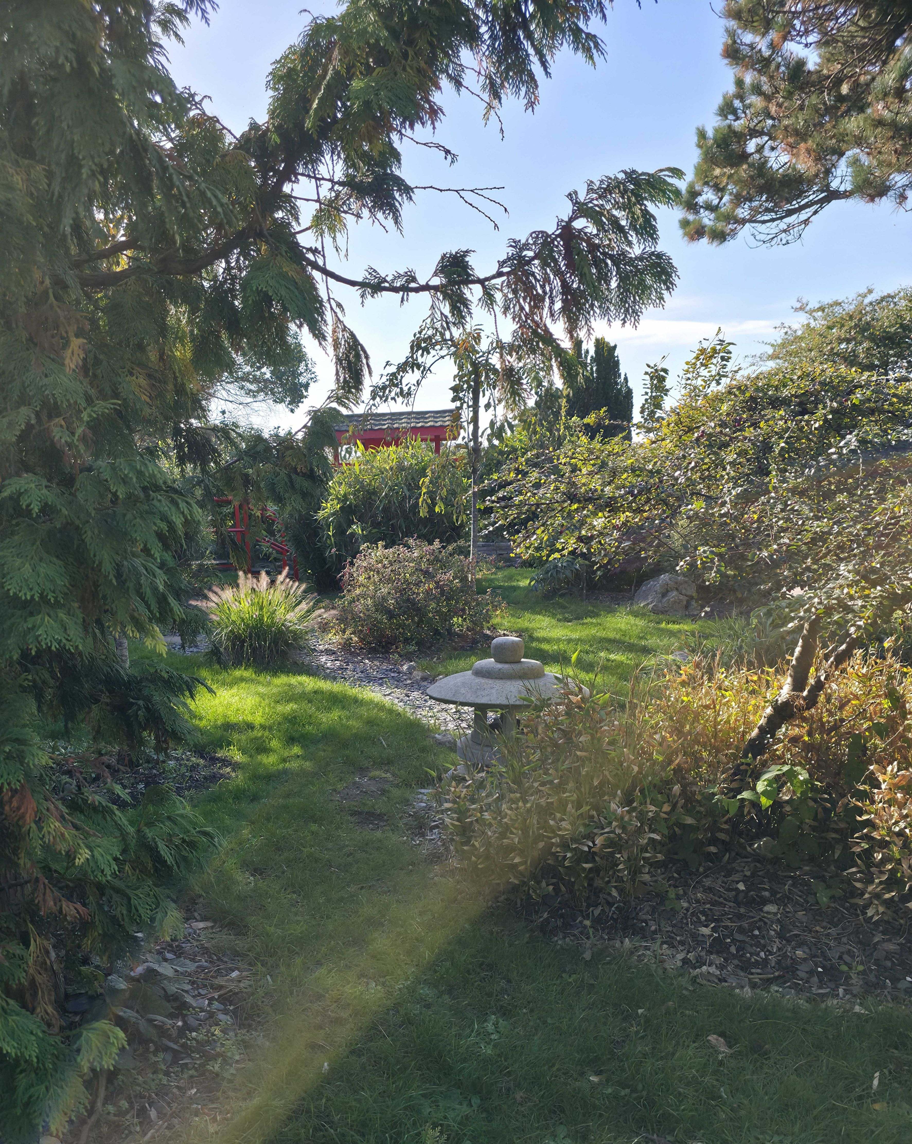 Photo of a Lantern, path and sourrounding area in Portsmouth Japanese Gardens. Photo taken in October 2025 by Baldi, A.K.A Amonn AL-Mahrouq.