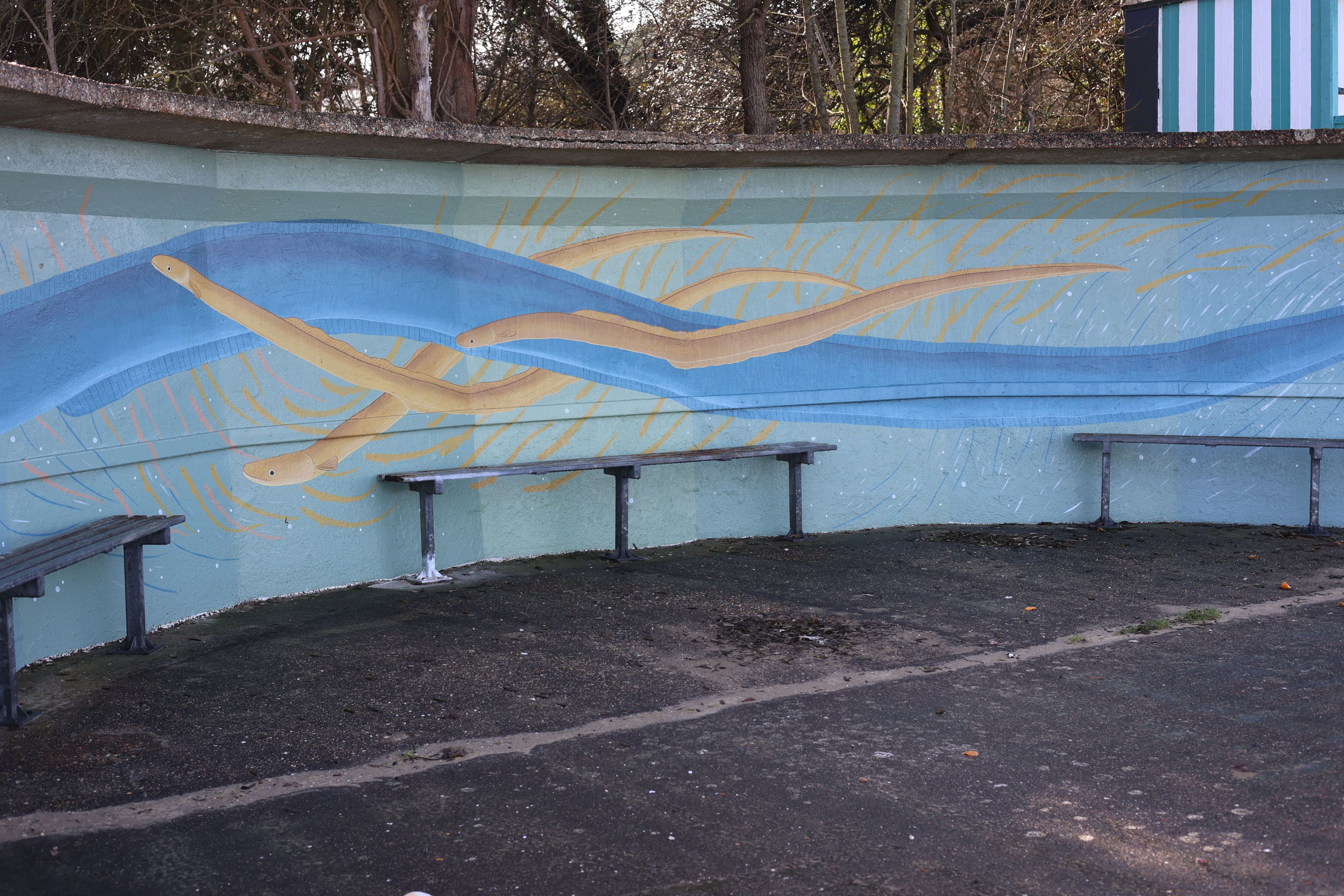 Photo of Street Art found on a coastal path in Ryde, Isle of Wight depicting a sea scene in a curved alcove, with seats for people to watch the inspiration of the sea. Photo taken in September 2026 by Baldi, A.K.A Amonn AL-Mahrouq.