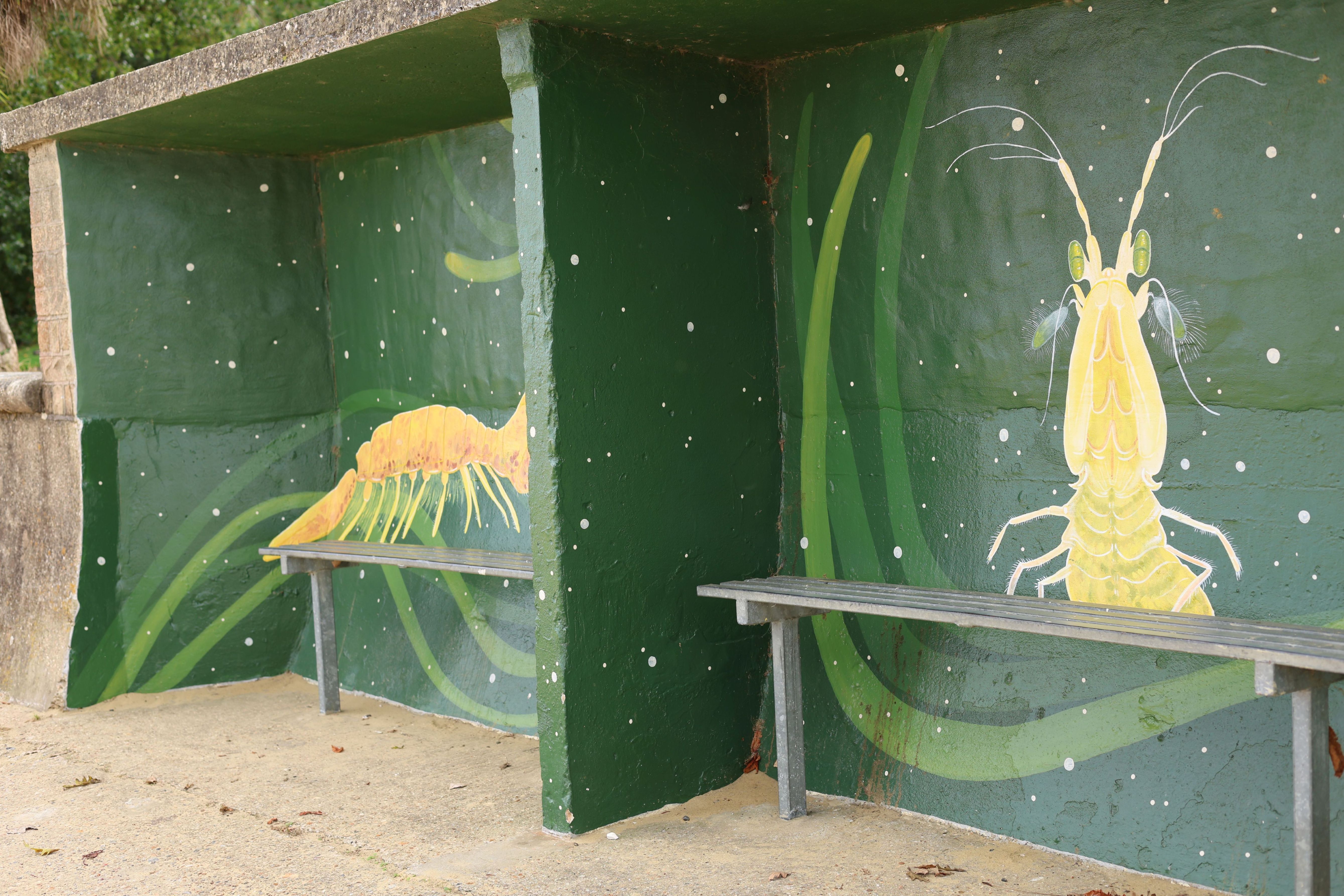Photo of Street Art found on a coastal path in Ryde, Isle of Wight depicting a Lobster type creature. Photo taken in September 2026 by Baldi, A.K.A Amonn AL-Mahrouq.